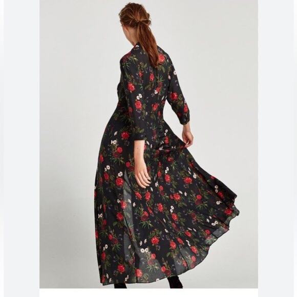 Zara Black Rose Print Maxi Shirt Dress - Picture 5 of 9